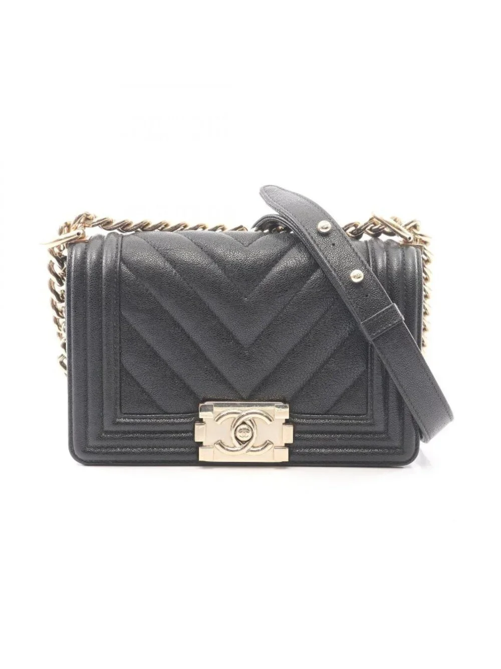 Chanel Shoulder Bag Boy Small Black Caviar Leather Boy Stitch Chain